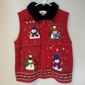 VTG AMBRA Christmas Sweater‎ Vest Women XL Red Embroidered Snowman Faux Fur